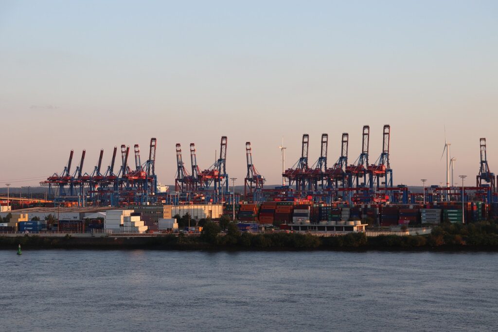 port, hamburg, container, nature, elbe, ship, tanker, export, water, clouds, river